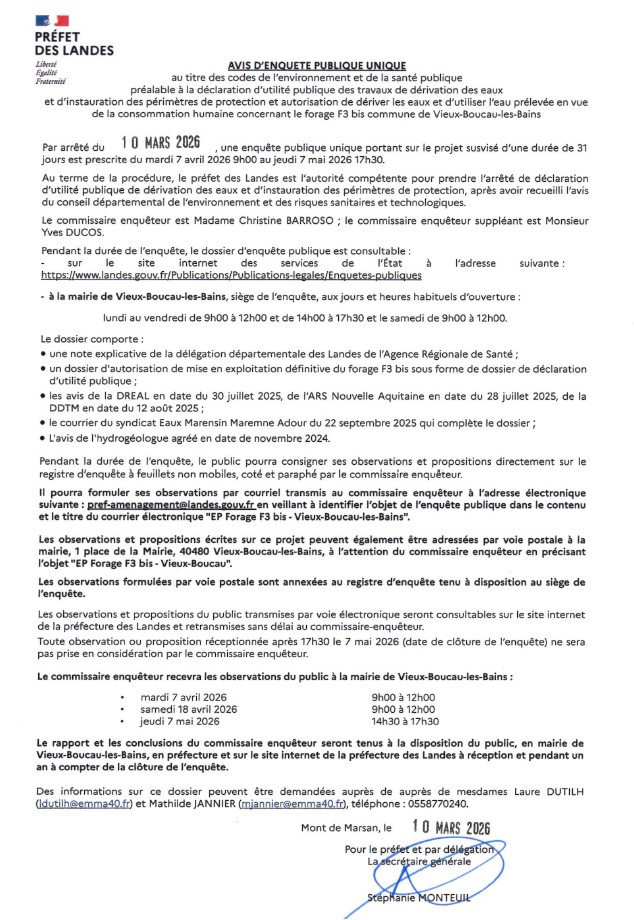 AVIS D'ENQUETE PUBLIQUE FORAGE EAU POTABLE F3 BIS VIEUX-BOUCAU