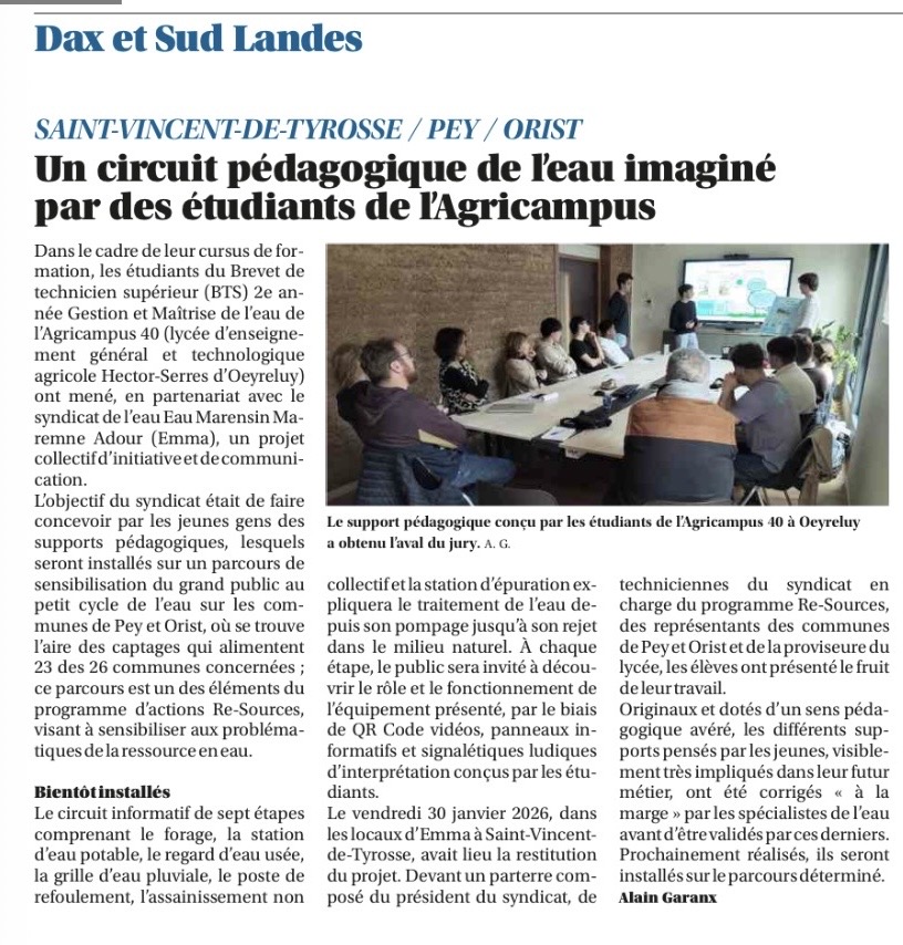 Projet pédagogique avec Agricampus 40 (LEGTA de Oeyreluy)